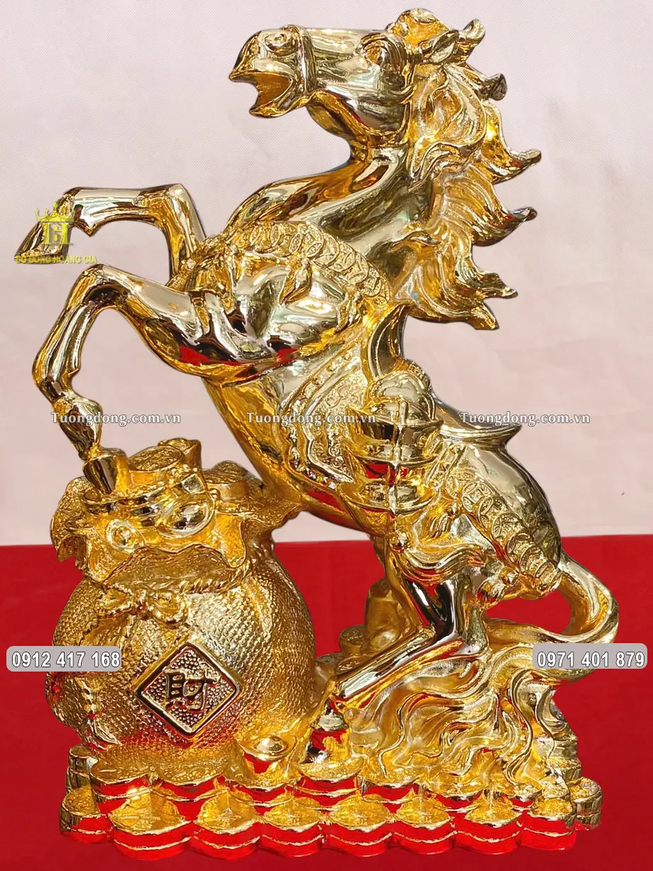 Tượng Ngựa Hý Túi Tiền Tài Lộc Bằng Đồng Mạ Vàng 24K