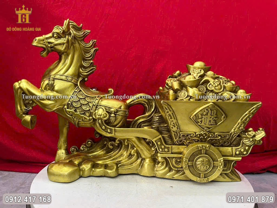 Tượng Ngựa Kéo Xe Tiền Bằng Đồng Vàng Cao 25Cm