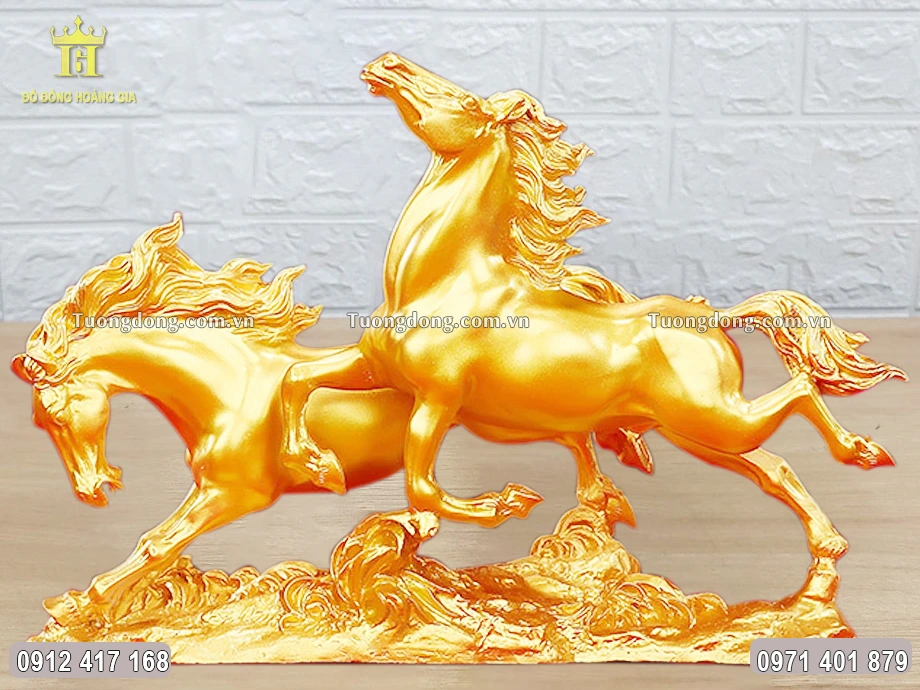 Tượng Song Mã Phát Lộc Mạ Vàng 24K Cao 31.5Cm