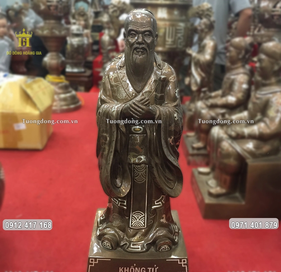 Tượng Đồng Khổng Tử Khảm Ngũ Sắc Cao 42Cm