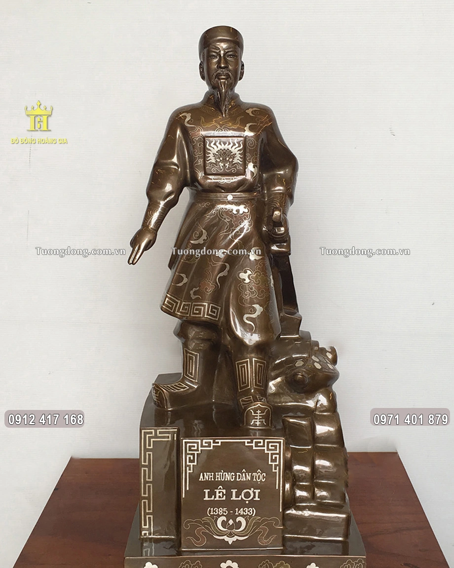 Tượng Lê Lợi - Vua Lê Thái Tổ Bằng Đồng Khảm Tam Khí Cao 62Cm