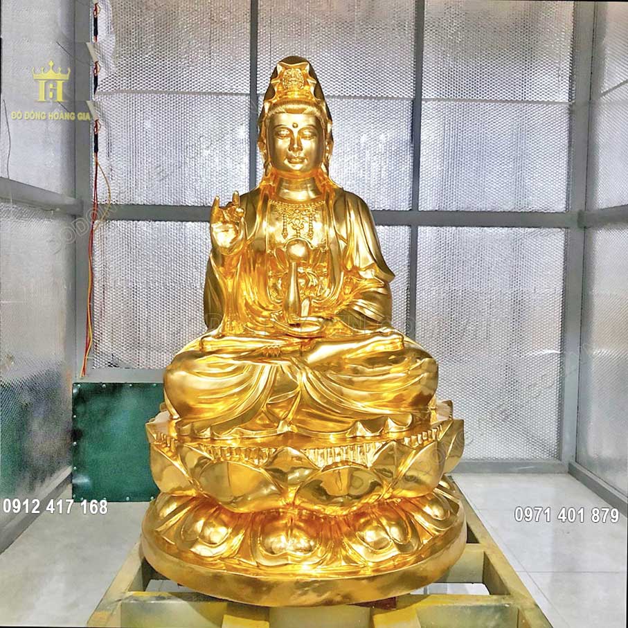 Đúc tượng Phật quan âm ngồi tòa sen bằng đồng đỏ dát vàng 2m3 