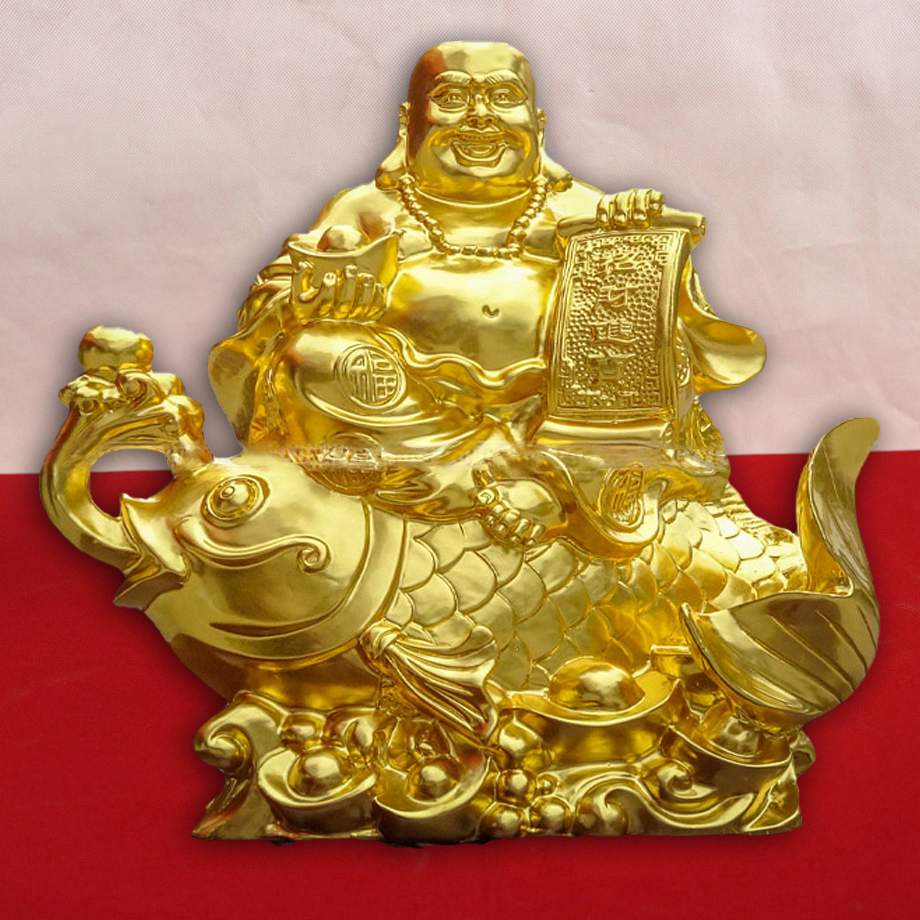 Tượng Đồng Phật Di Lặc Cưỡi Cá Chép Dát Vàng 9999 Cao 40Cm