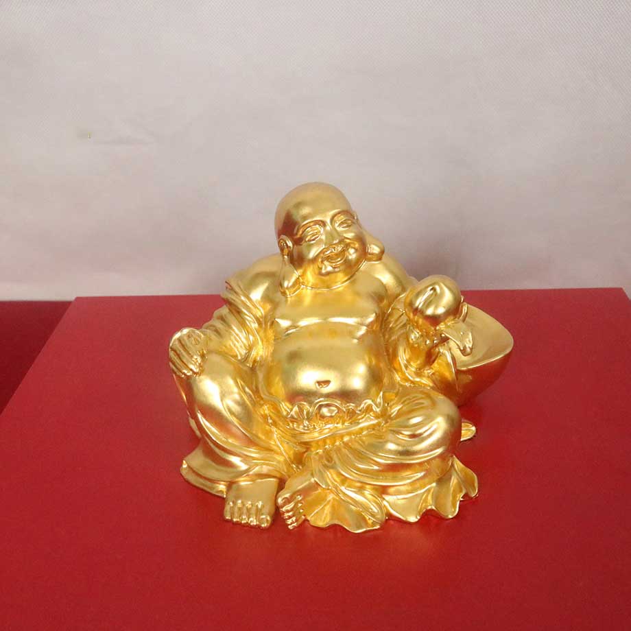 Tượng Đồng Phật Di Lặc Ngồi Tay Cầm Trái Đào Dát Vàng 24K Cao 12Cm