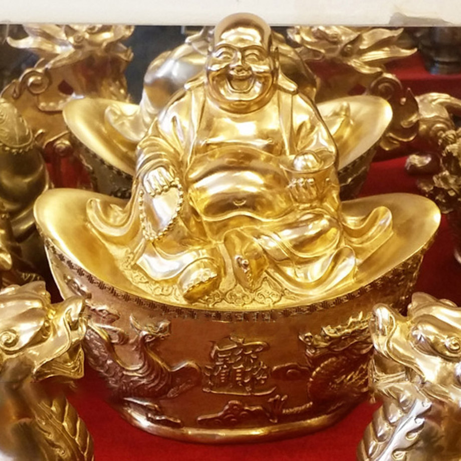 Tượng Đồng Phật Di Lặc Ngồi Trên Đĩnh Vàng Dát Vàng 9999 Cao 19Cm