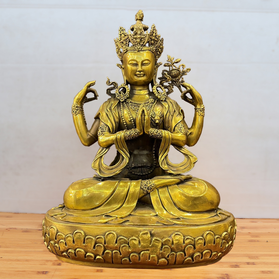 Tượng Đồng Quan Âm Tứ Thủ Avalokitesvara Màu Giả Cổ Cao 61Cm