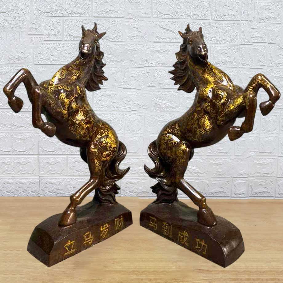 Tượng Đồng Song Mã Uyên Ương Vẽ Vàng 24K