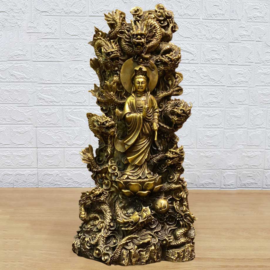 Tượng Mẹ Quan Âm Tọa Cửu Long Bằng Đồng Vàng Hun Giả Cổ