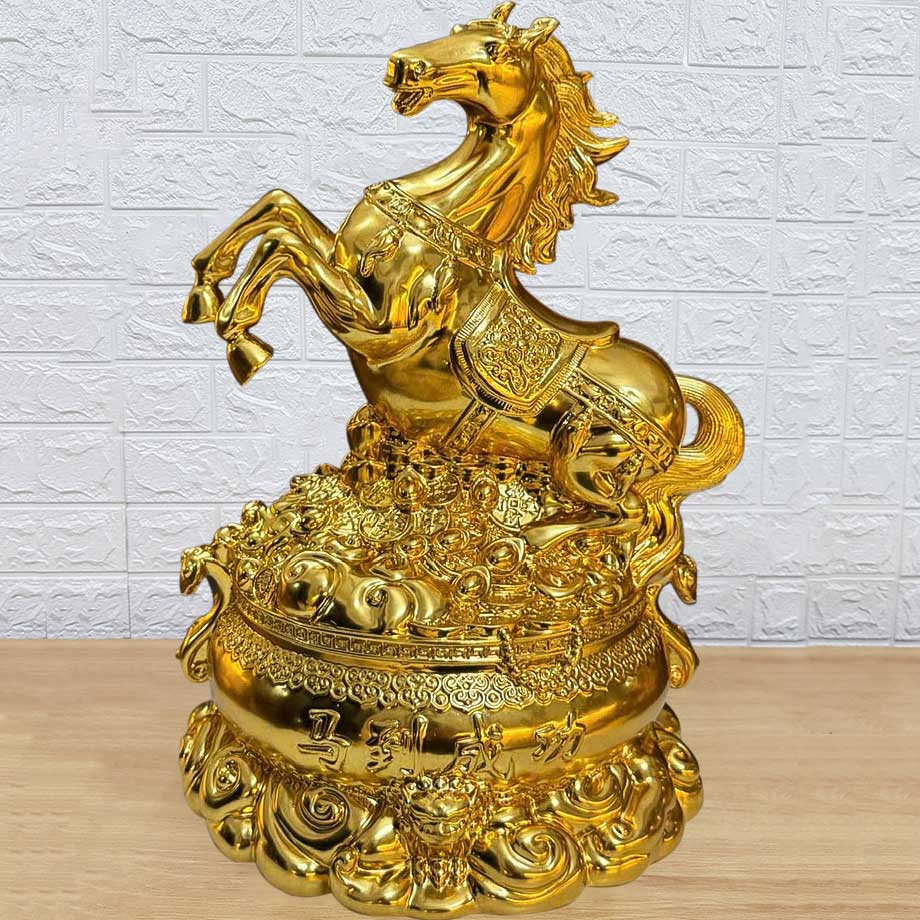 Tượng Ngựa Đứng Hũ Vàng Tài Lộc Mạ Vàng 24K