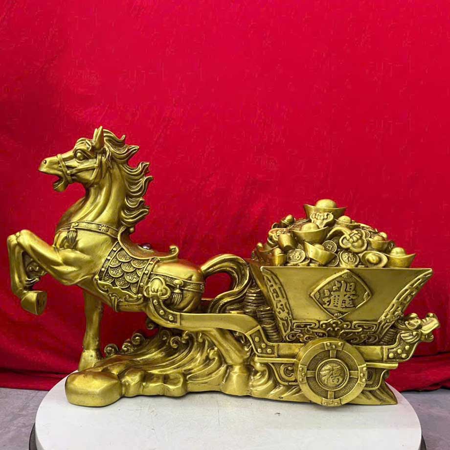 Tượng Ngựa Kéo Xe Tiền Bằng Đồng Vàng Cao 25Cm