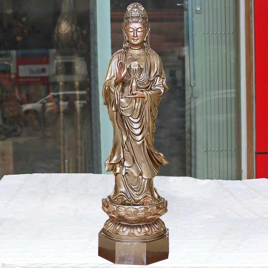 Tượng Phật Bà Quan Âm Bồ Tát Dáng Đứng Bằng Đồng Đỏ Làm Màu 1M1