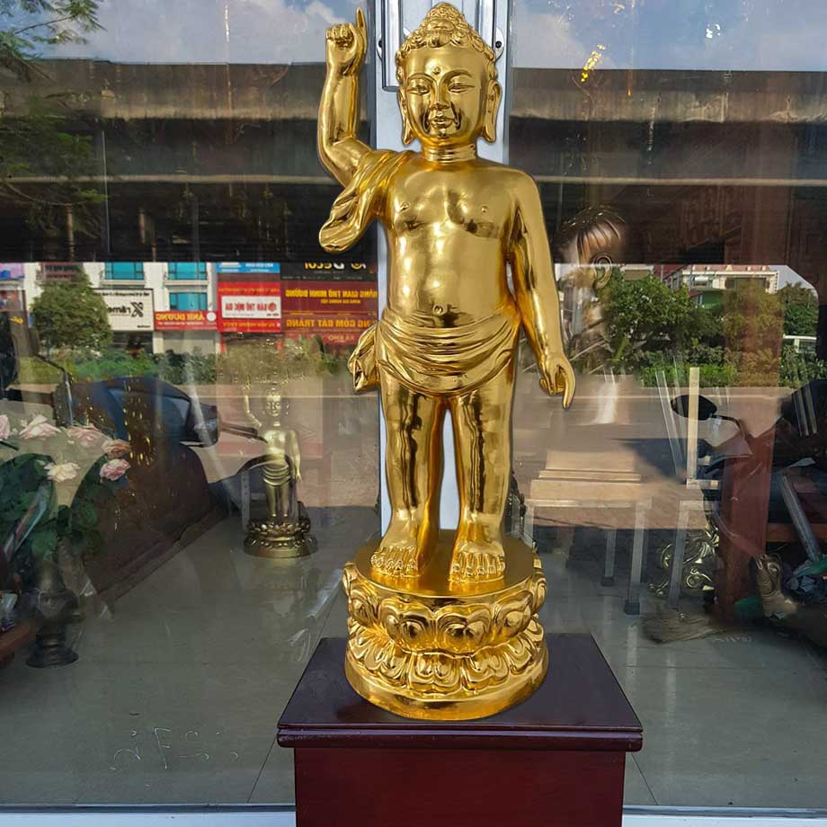 Tượng Phật Đản Sanh Bằng Đồng Dát Vàng 9999 Cao 68Cm