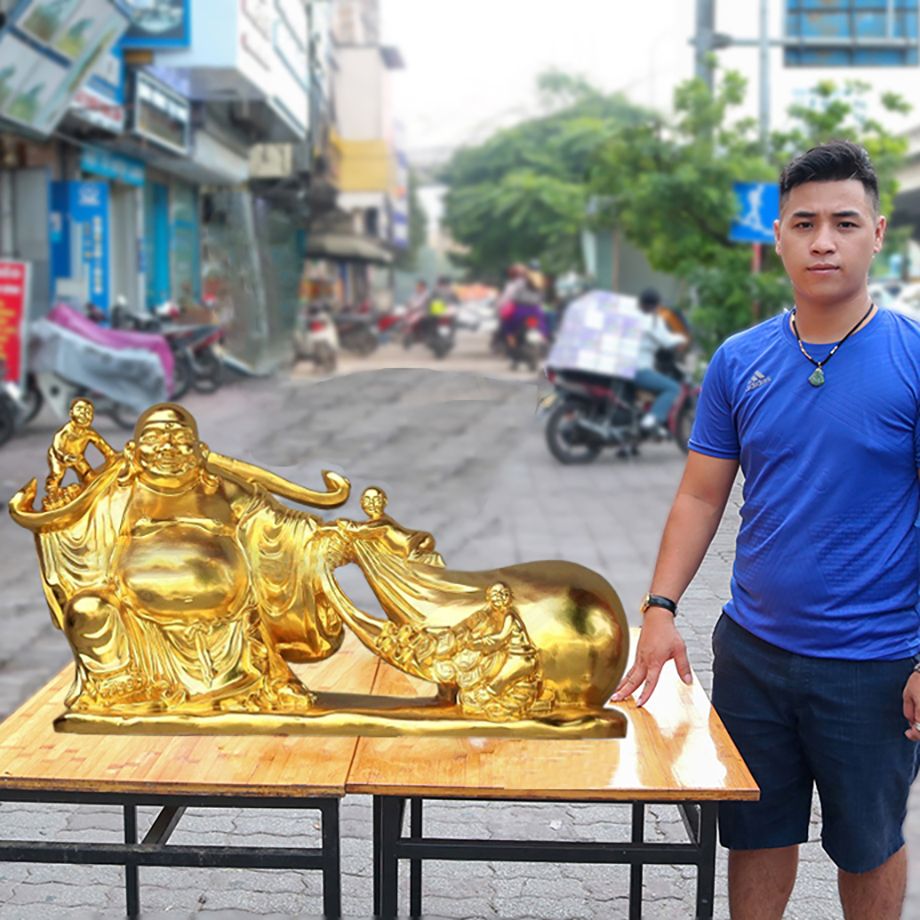 Tượng Phật Di Lặc Kéo Bao Tiền Dát Vàng 9999 Dài 80Cm