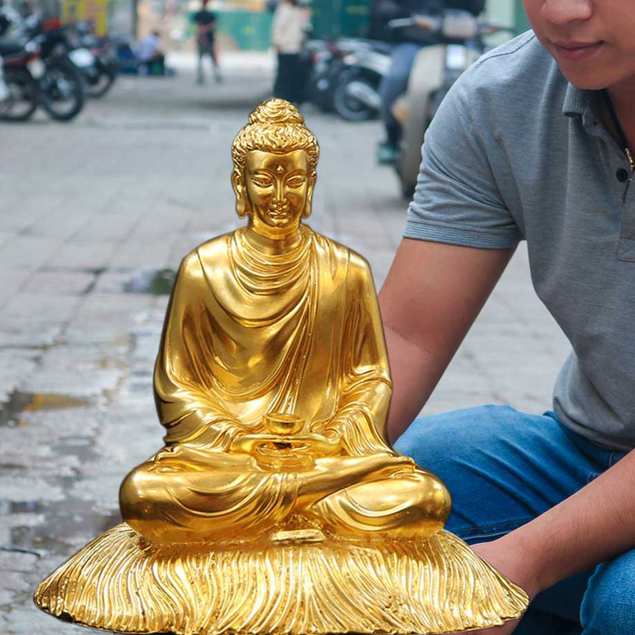Tượng Phật Thích Ca Ngồi Thiền Trên Rơm Bằng Đồng Thếp Vàng 9999