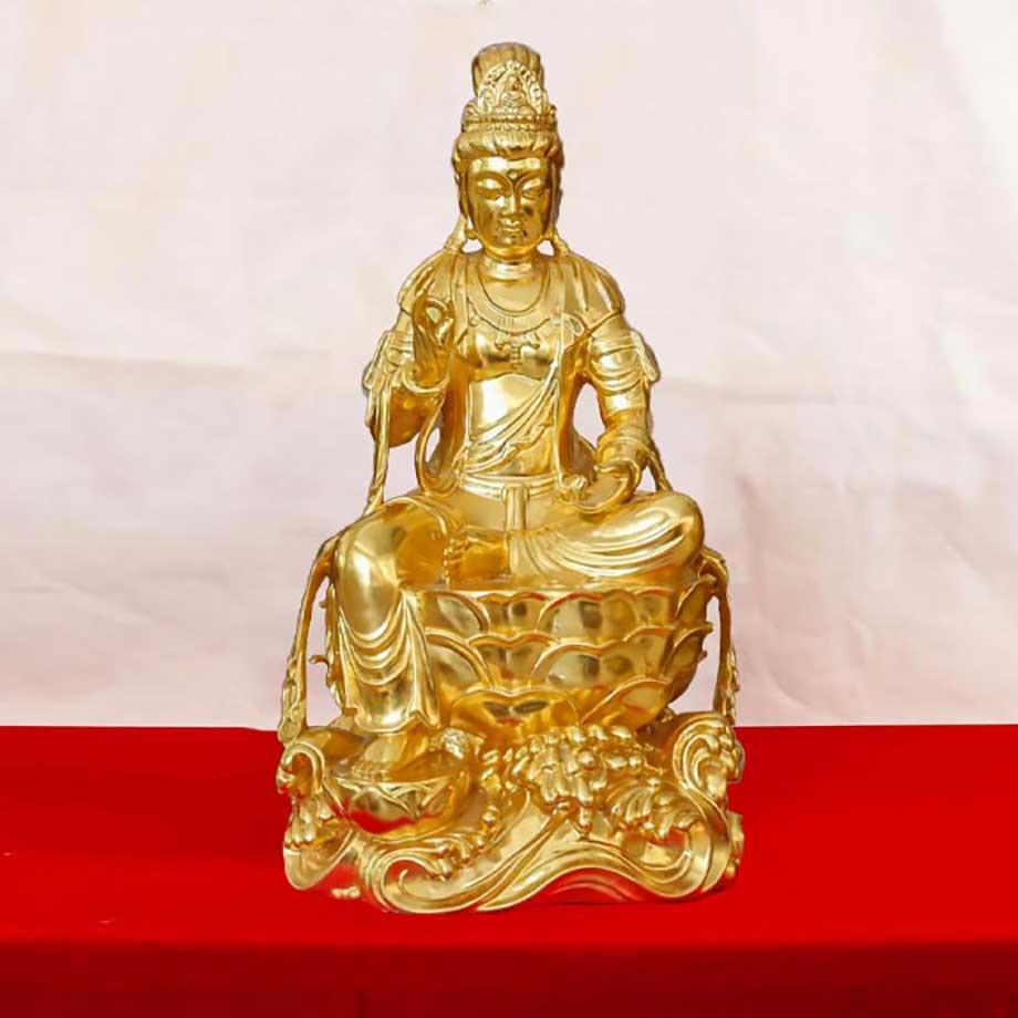 Tượng Quan Âm Tự Tại Bằng Đồng Đỏ Mạ Vàng 24K