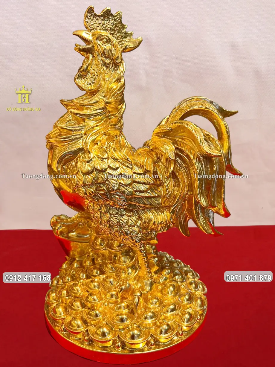 Tượng Đồng Gà Trống Đứng Trên Mâm Tiền Dát Vàng 24K
