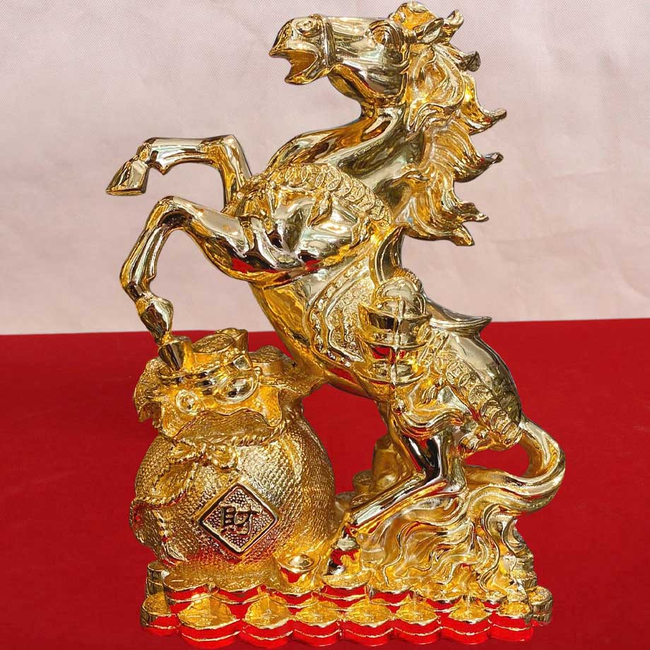 Tượng Ngựa Hý Túi Tiền Tài Lộc Bằng Đồng Mạ Vàng 24K