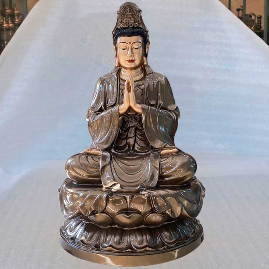 Tượng Phật Bà Quan Âm Ngồi Đài Sen Bằng Đồng Đỏ Làm Màu