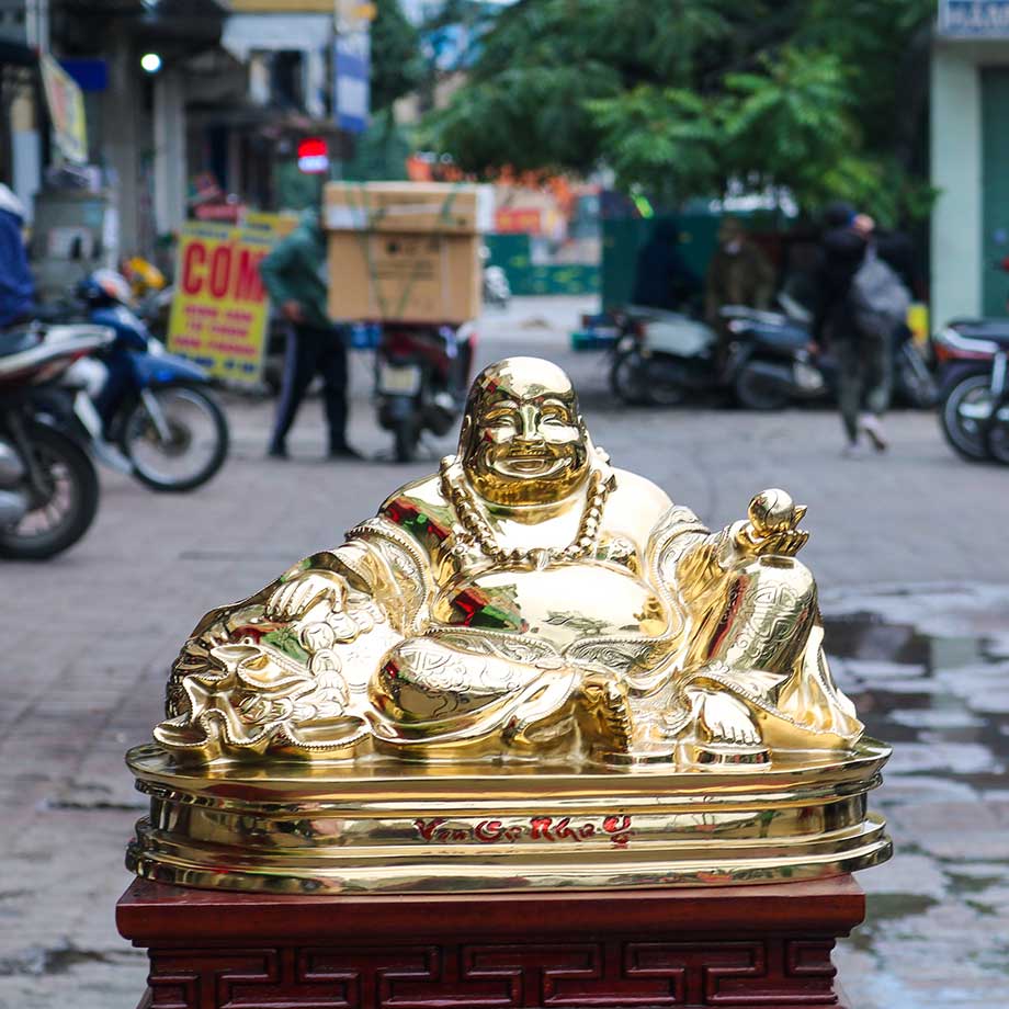 Tượng Phật Di Lặc Ngồi Tựa Bao Bố Bằng Đồng Cát Tút