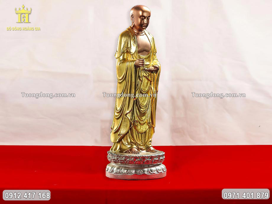 Tượng Đại Hiếu Mục Kiền Liên Đứng Đài Sen Dát Vàng Dát Bạc