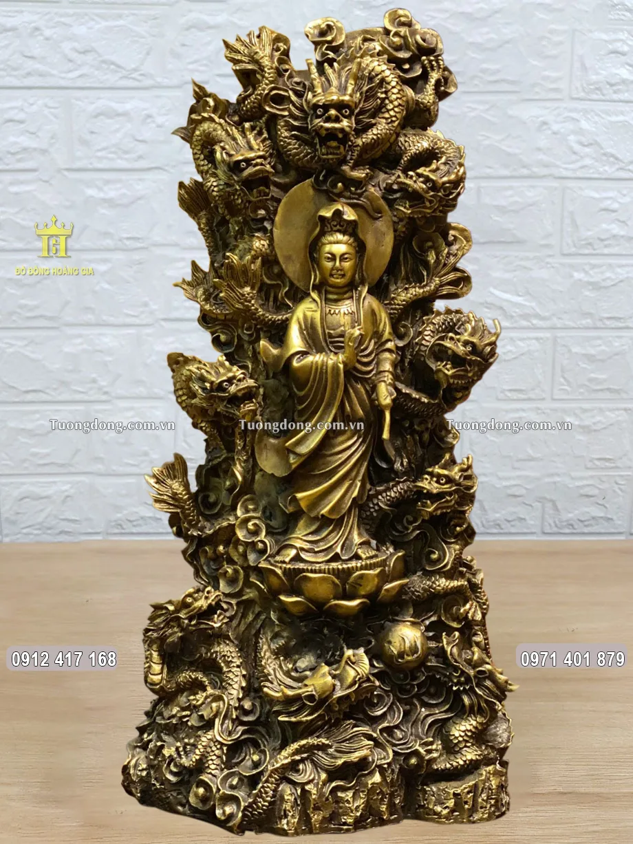 Tượng Mẹ Quan Âm Tọa Cửu Long Bằng Đồng Vàng Hun Giả Cổ