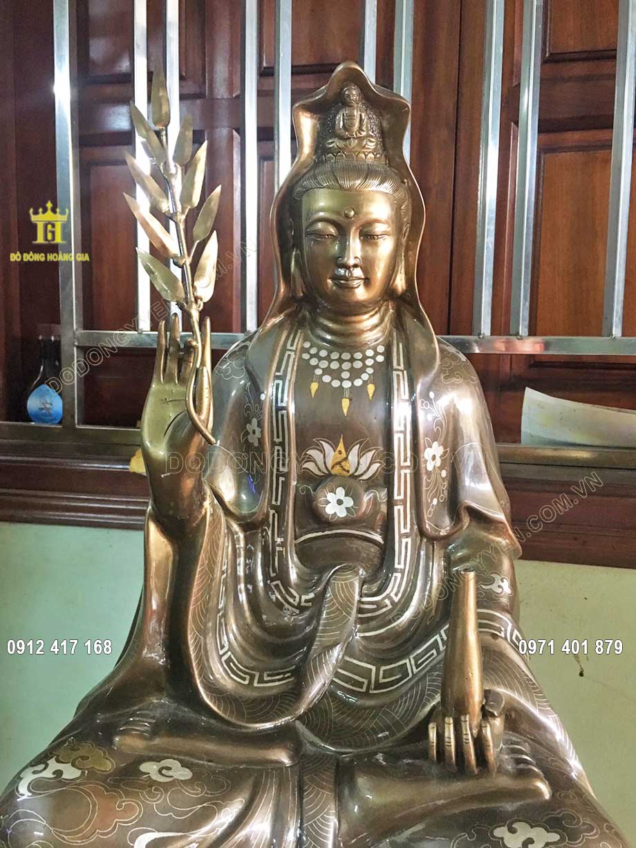 Tượng Phật Quan Âm bằng đồng khảm tam khí tuyệt đẹp 