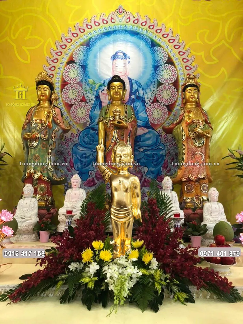 Tượng Phật Đản Sinh Bằng Đồng Đỏ Dát Vàng 9999 Cao 81Cm