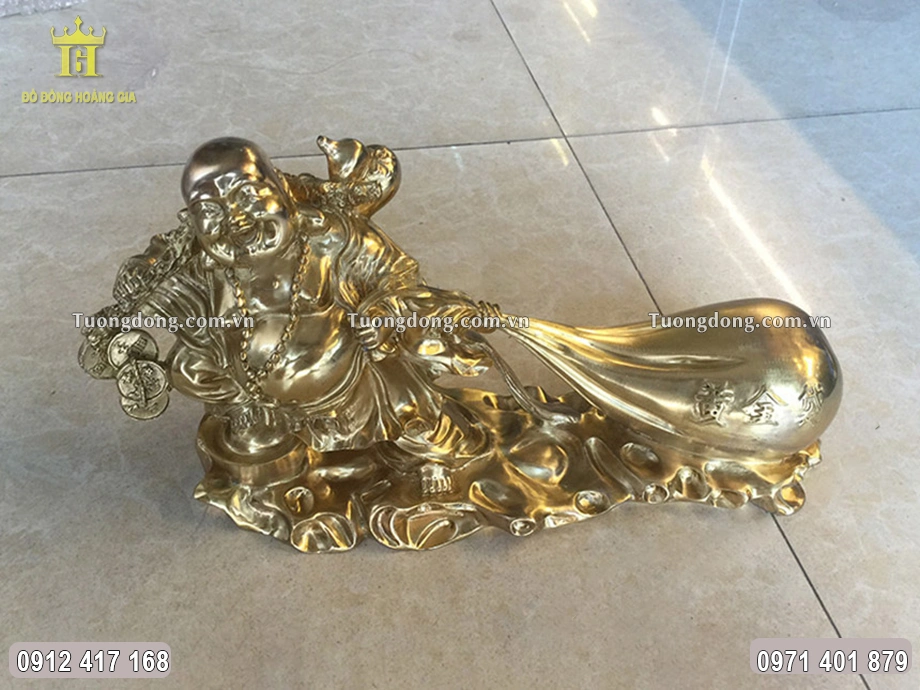 Tượng Phật Di Lặc Kéo Bao Tiền Bằng Đồng Dài 30Cm