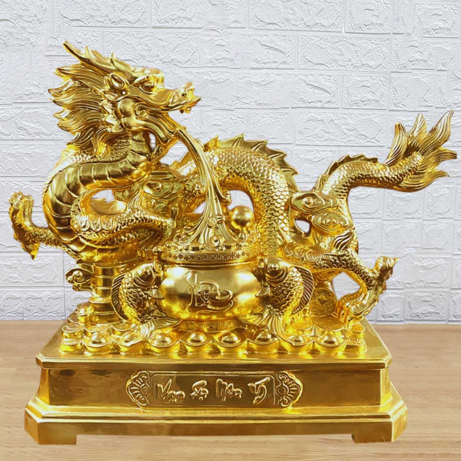 Tượng Rồng Cuộn Hũ Tiền Tài Lộc Vạn Sự Như Ý Dát Vàng 9999