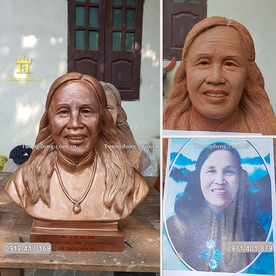 Tượng Chân Dung Cụ Bà Bằng Đồng Đỏ Dáng Bán Thân